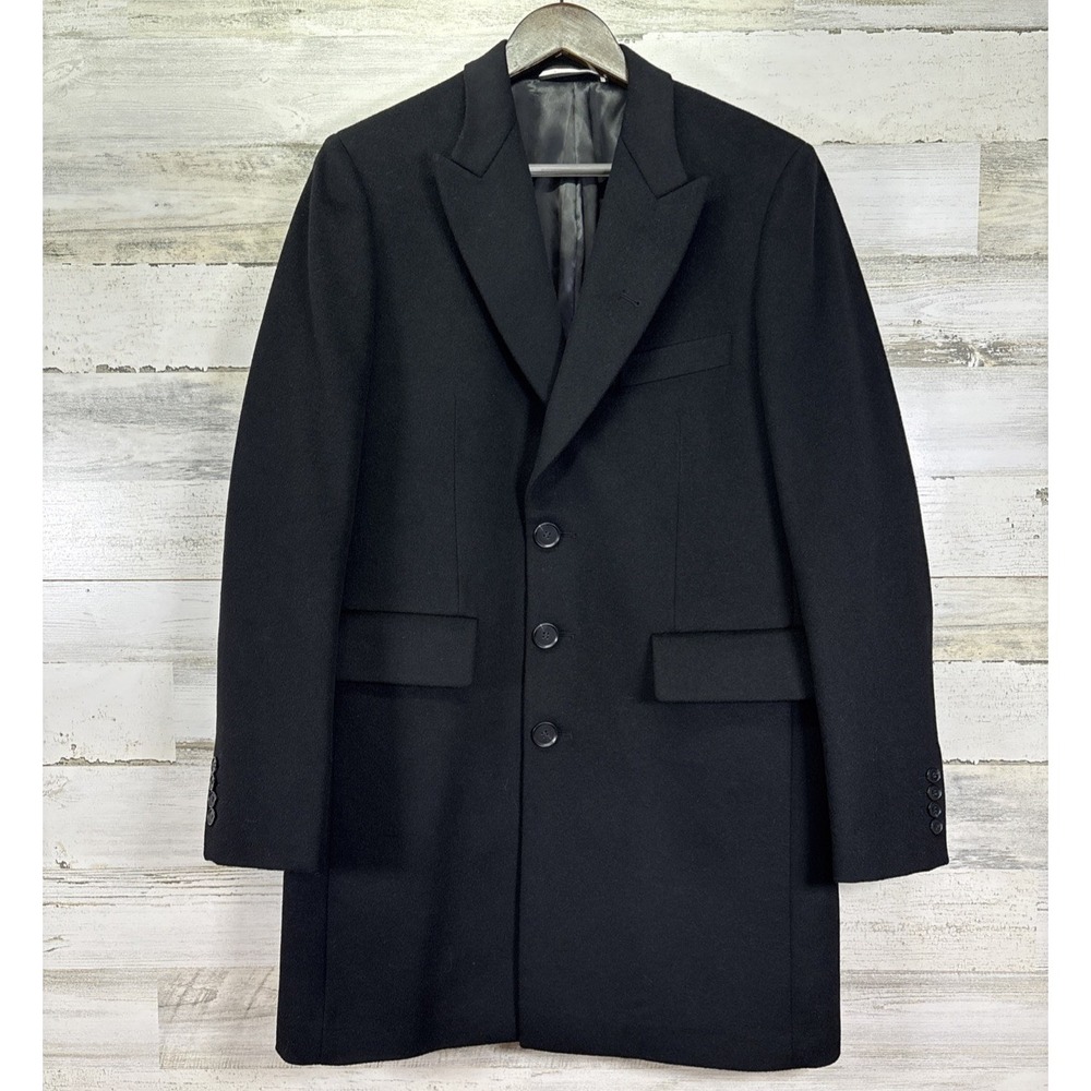 GIBSON LONDON Mens Black SANCTUARY 100% Wool 3 Button Mid Length Over Coat Sz M